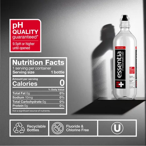 Vista 2 de Essentia Agua embotellada, tapón deportivo de 700 ml, agua alcalina ionizada; 99,9% pura, infundida con electrolitos, pH 9,5 o superior con un sabor