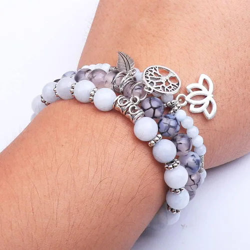 Vista 5 de UEUC - Pulseras Reiki, apilables, de piedras curativas, cristales, con dije del árbol de la vida, yoga y hoja de loto, contra la ansiedad