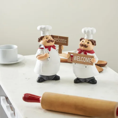 Vista 2 de Deco 79 Polystone - Escultura decorativa de chef, estatuas decorativas de cocina con letreros de bienvenida, juego de 2 figuras decorativas de 5