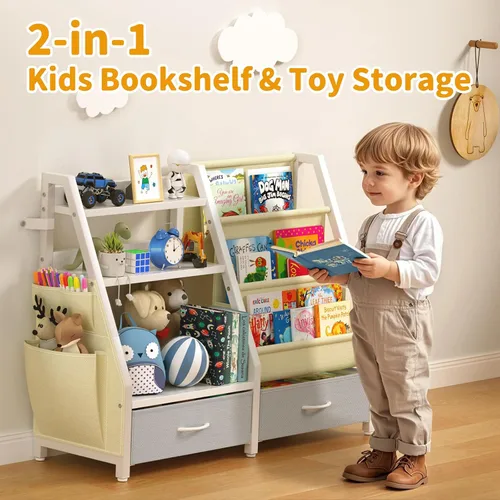 Vista 4 de Estantería para niños y organizador de juguetes Twinkoo, estante resistente de 3 niveles, estantería con bandeja y 2 contenedores de juguetes