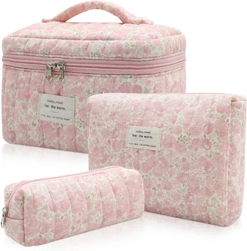 Vista 7 de Juego de bolsas de maquillaje, bolsa de maquillaje acolchada, bolsa grande para cosméticos florales para mujer, bonitas bolsas de maquillaje