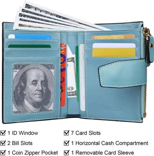 Vista 4 de FT FUNTOR RFID - Billetera de cuero para mujeres, tarjetero de mujer, pequeña billetera compacta de bolsillo con ventana para identificación