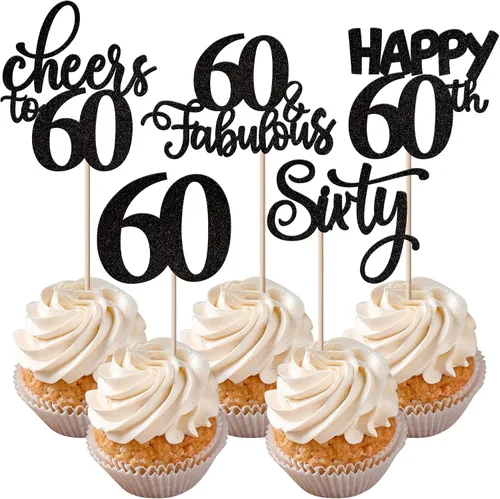 Vista 45 de Rsstarxi Paquete de 30 adornos para cupcakes de 6º cumpleaños con purpurina negra de seis Hello 6 para cupcakes Cheers to 6 años de edad