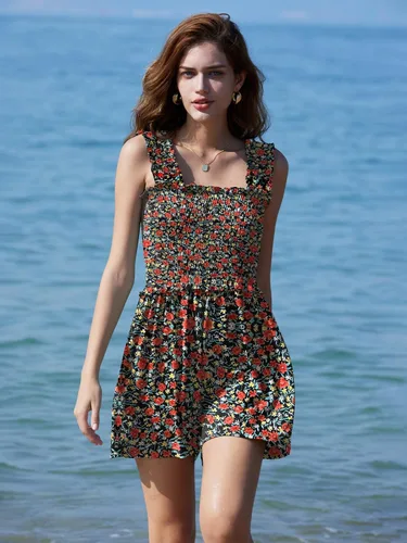 Vista 5 de DEEP SELF Mameluco de verano sin mangas para mujer, cuello cuadrado, tirantes con volantes, con bolsillos