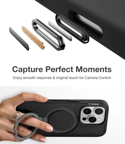 Vista 4 de TORRAS Funda de silicona líquida para iPhone 16 Pro con anillo magnético giratorio de 360 grados y control de cámara, compatible con MagSafe, Funda