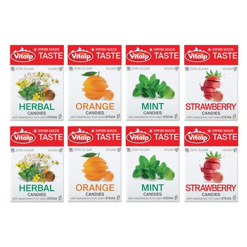 Vista 25 de Vitalp Sabor, Hecho en Suiza, Caramelo Sin Azúcar con Stevia, Vegano, Sabor a Cereza, Paquetes de 25g/0.88 Onzas, 16 Cajas