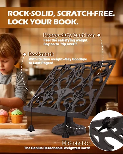 Vista 3 de GARADMATE - Soporte para libros de cocina, de hierro fundido resistente, estilo vintage, ajustable, para encimera de cocina, tableta rústica