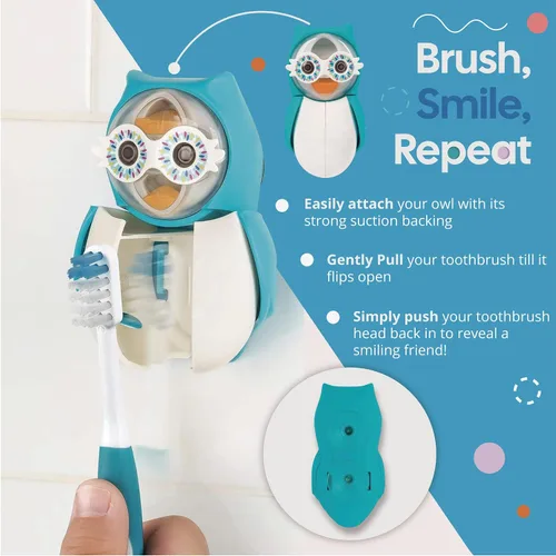 Vista 3 de Flipper Funda para cepillo de dientes de búho verde - Haz que el tiempo de cepillado de dientes sea divertido con nuestro soporte para cepillos