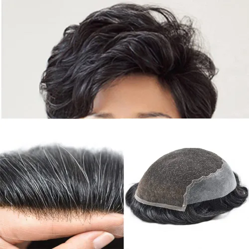 Vista 83 de Mens Toupee Swiss Lace Mens Hair Piece Sistema de reemplazo de cabello para hombres Toupee para hombres Cabello humano nudo blanqueado protesis