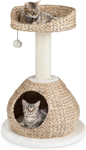 Vista 11 de Tangkula Árbol para gatos moderno, torre para gatos pequeña con poste de rascar de sisal natural, condominio para gatos de mimbre hecho a mano