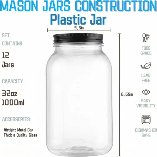 Vista 2 de Novelinks - Tarros de plástico de 32 onzas y recipientes de plástico con tapas 12 Pack, Black, 32 oz Clear Plastic Jars with Lids, Quart Mason
