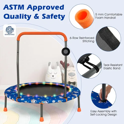 Vista 3 de Goplus Mini trampolín de 36 pulgadas para niños, trampolín para niños pequeños con luces LED, altavoz Bluetooth, mango extraíble, cubierta acolchada