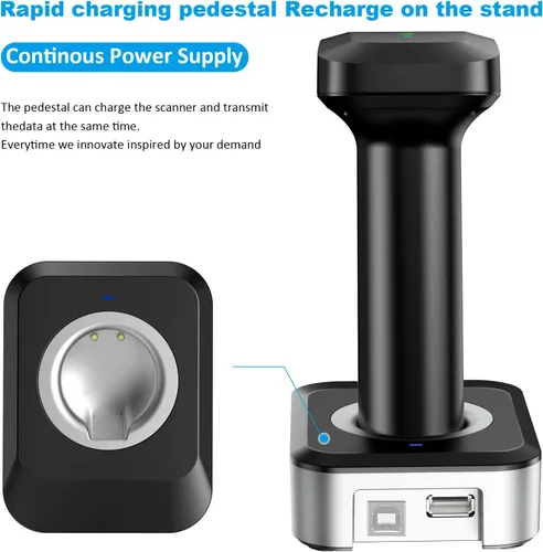 Vista 6 de Alacrity Escáner de código de barras inalámbrico QR 2D con base de carga e indicador de nivel de batería Bluetooth y 2.4 GHz inalámbrico y USB