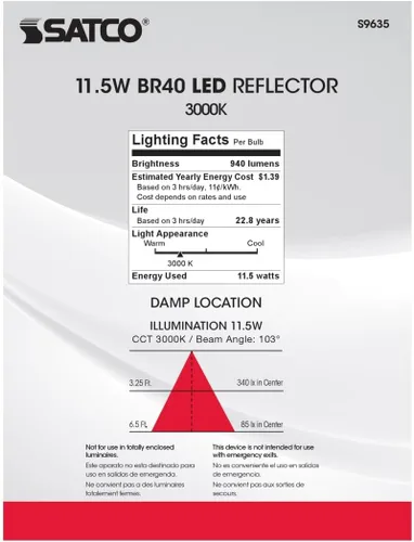 Vista 9 de SATCO S9635-11.5 vatios; LED BR40; 3000K; 120 voltios; regulable (paquete de 12)