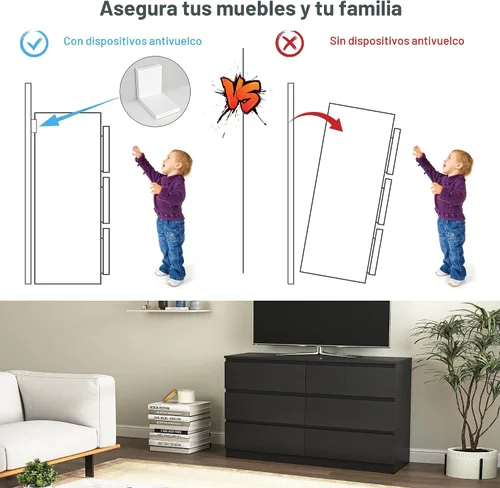 Vista 7 de Cómoda negra para dormitorio, cómoda moderna de 6 cajones con cajón profundo, amplia cómoda de almacenamiento, organizador de muebles