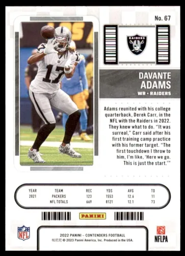 Vista 2 de 2022 Panini Contenders Season Ticket #67 Davante Adams Las Vegas Raiders Football NM-MT