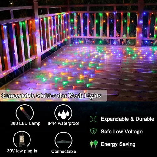 Vista 4 de OYCBUZO 300 luces LED de red de Navidad, 14.8 pies x 5 pies, luces de malla para exteriores, 8 modos, cable verde, tira de luces conectables