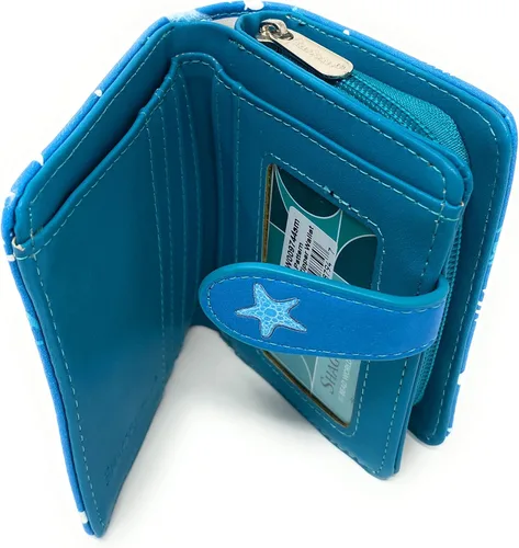 Vista 4 de Shag Wear Cartera con patrón de tiburón para mujeres y adolescentes, piel sintética vegana, pequeña, 4.5 pulgadas, color verde azulado, verde