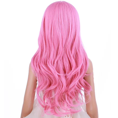 Vista 4 de Peluca larga ondulada rosa para niños, peluca larga y ondulada rosa para niñas, pelucas sintéticas largas con gorra de peluca