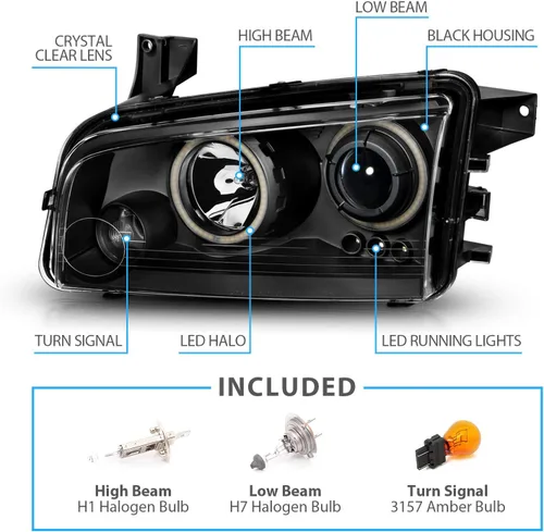 Vista 4 de AmeriLite Juego de faros delanteros de repuesto para Dodge Charger Dual Xtreme 2006-2010 con anillos de halo LED, color negro, lado del pasajero