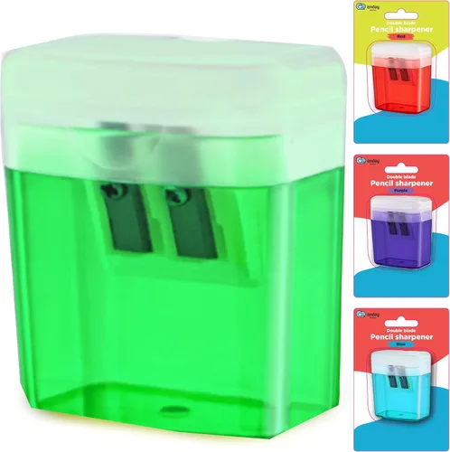 Vista 7 de Sacapuntas manual de doble agujero, color azul, sacapuntas de lápices jumbo con tapa y contenedor, sacapuntas de color de mano para lápices grandes