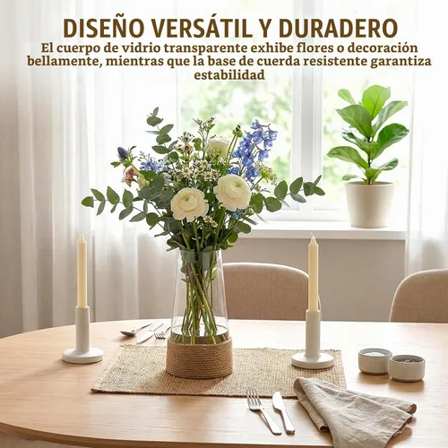 Vista 2 de MyGift Florero rústico de cristal transparente con cuerda de cáñamo tejida a mano, jarrón decorativo para decoración de casa de campo, bohemio