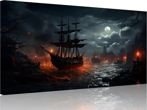 Vista 18 de TutuBeer 3 Piezas Arte de Pared Batalla Naval Barco Imagen Barco Pirata Velero Póster Barco Pirata Azul en Llamas Imagen Impresa en Lienzo Póster