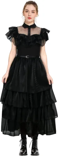 Vista 2 de Wednesday Addams - Vestido de baile de cuervo negro para mujeres y niñas, vestido gótico de tul de encaje, vestido de fiesta de Halloween