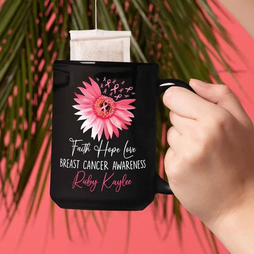 Vista 6 de Taza de café negra personalizada para el cáncer de mama, taza de viaje de concientización sobre el cáncer de mama, taza de café de cerámica