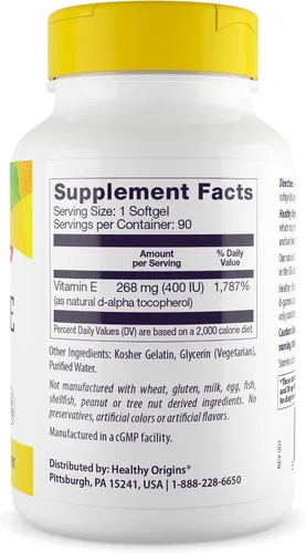 Vista 2 de Healthy Origins Vitamina E 400 UI (268 mg), 90 cápsulas blandas líquidas – Tocoferoles mixtos naturales (d-alfa, d-beta, d-gamma, d-delta) – Apoya