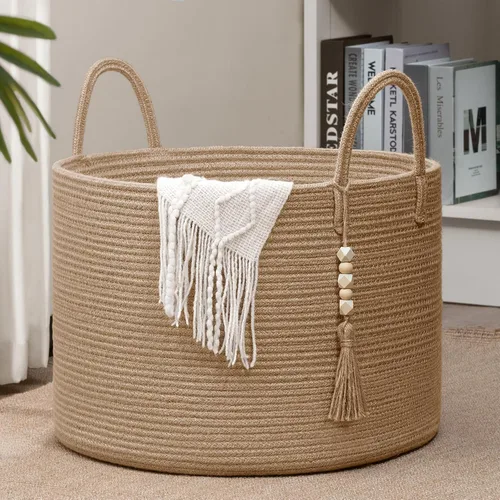 Vista 9 de Goodpick - Cesta tejida de yute para mantas decorativa, cesta de almacenamiento para toallas, zapatos, juguetes, cesta de lavandería alta para sala