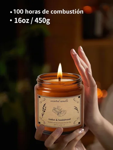 Vista 4 de Velas perfumadas, vela de cera de soja de tarro grande de 16 oz – Ámbar y sándalo con mezcla premium de cera vegetal para una combustión constante