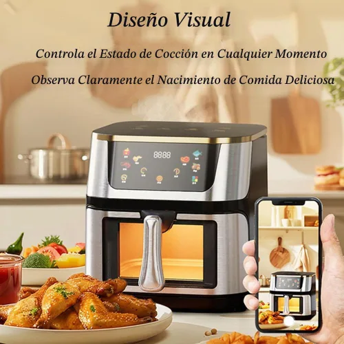 Vista 2 de Freidora de aire, freidora de aire visual de acero inoxidable de 10 l, horno inteligente de 1400 W con pantalla táctil digital sin aceite