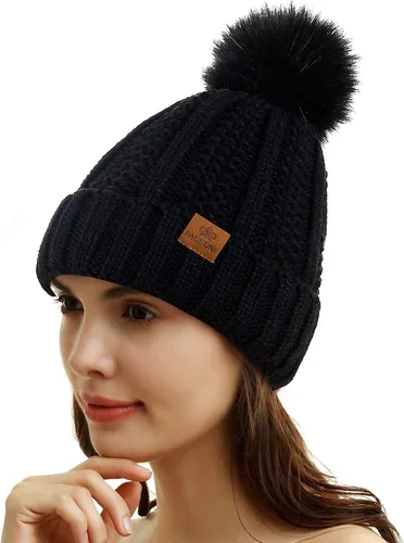 Vista 2 de PAGE ONE Womens Winter Thick Cable Knit Beanie Faux Fur Pom Hat Fleece Lined Skull Cap