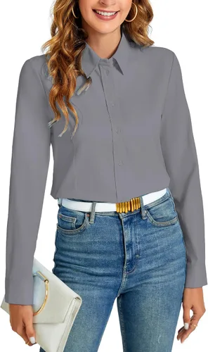 Vista 14 de Camisas básicas con botones para mujer, estilo ejecutivo informal, cuello, ropa de trabajo, camisa de vestir ajustada, blusa