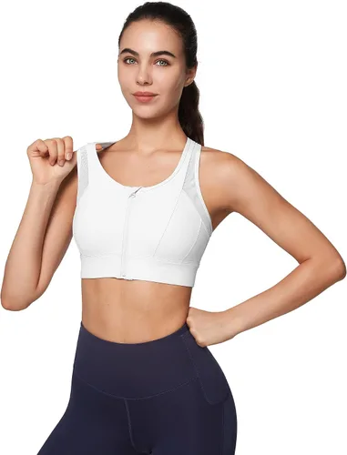 Vista 8 de Yvette Sujetador deportivo de alto impacto con cremallera frontal de malla, espalda cruzada, para entrenamiento, de alto soporte, para mujeres