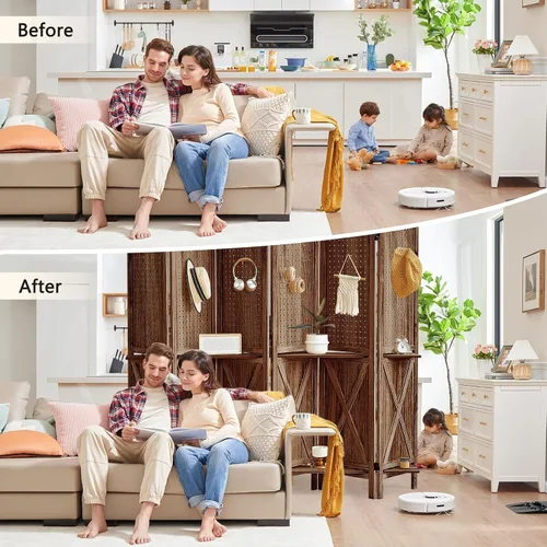 Vista 5 de Separador de ambientes con estantes de 6 paneles color marrón Pantalla de división independiente plegable para la privacidad del apartamento