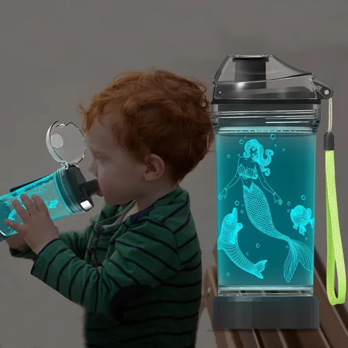 Vista 4 de YuanDian Botella de agua iluminada para niños con diseño de sirena 3D, 14 onzas, Tritan libre de BPA, ecológica, tazas de bebida frescas, regalo
