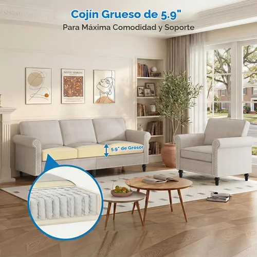 Vista 6 de Mjkone Juego de 2 Piezas para Sala de Estar, Sofás Seccionales, Juego de Sofá y Silla, Sofá Moderno de Lino con Marco de Madera y Patas