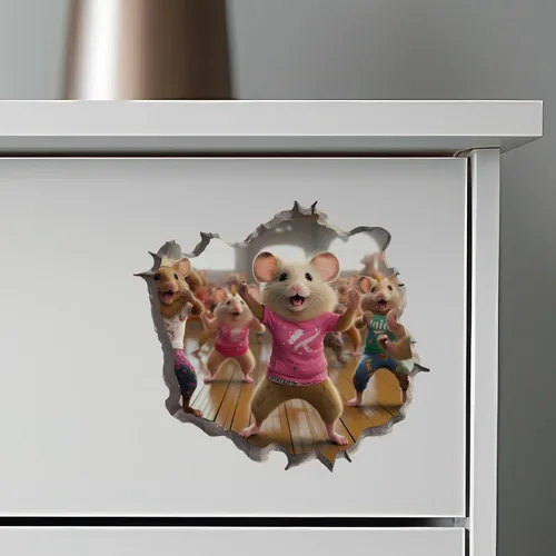 Vista 6 de Cardio Dance Workout Mice in Mouse Hole Calcomanía - Pegatina de pared 3D con agujero de ratón