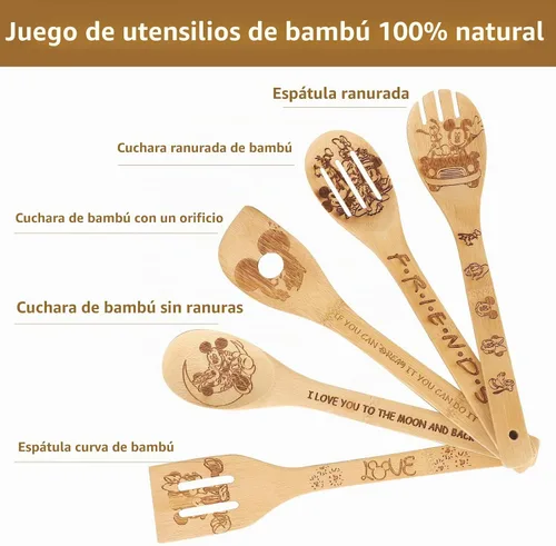 Vista 2 de Cuchara de madera para cocinar, cucharas de madera de dibujos animados, juego de utensilios de bambú para decoración de cocina, regalo