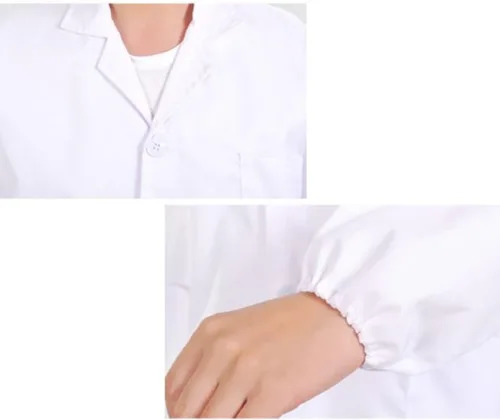 Vista 5 de Abrigo de laboratorio de consulta para hombre, abrigo de disfraz de científica para mujer, manga larga de 39 pulgadas, color blanco