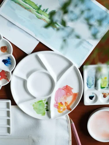 Vista 2 de Paleta de pintura para artistas de cerámica, bandeja, paleta, bandeja de mezcla de porcelana fácil de limpiar para pintura de gouache de acuarela, 6