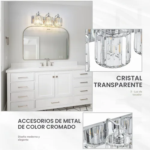 Vista 4 de Accesorio de Iluminación de Baño Moderno de 3 Luces Cromado Luces de Tocador de Baño Sobre Espejo Aplique de Pared con Pantallas de Cristal K9 Base