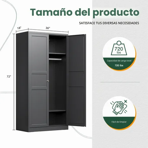 Vista 3 de Letaya Armario de clóset con estructura metálica, gabinete de almacenamiento de 72" de alto con estantes ajustables y barra colgante, armario