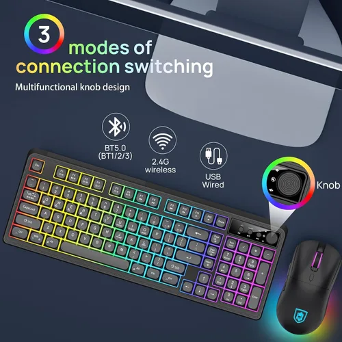 Vista 2 de KOLMAX BT98 - Combo de teclado y mouse inalámbricos, triple modo de 2.4 Gcon cableBluetooth, teclado y mouse para juegos, ergonómico recargable