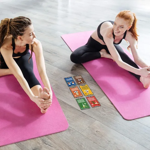 Vista 2 de Stack 52 Tarjetas de ejercicios de flexibilidad. Aprende estiramientos estáticos y dinámicos. Instrucciones de video incluidas. Perfecto