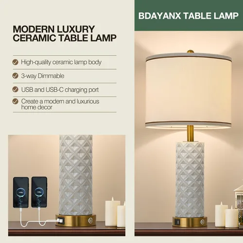 Vista 4 de Juego de 2 lámparas de mesa para sala de estar dormitorio estilo granja, lámparas de cerámica para dormitorio de 26'' con control táctil regulables