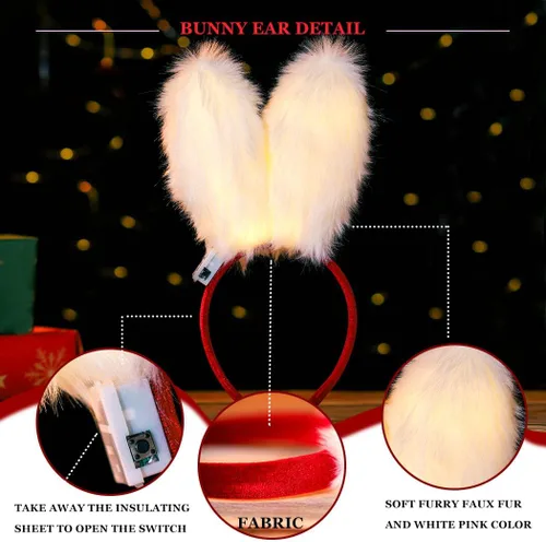 Vista 2 de Uranian Diademas de orejas de conejo iluminadas, diademas de orejas de conejo blancas, diadema de conejo peluda con luces LED, aro luminoso