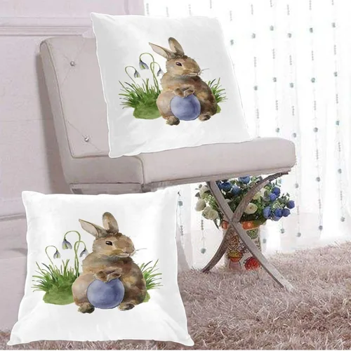 Vista 3 de Juego de 2 fundas de almohada decorativas de conejo de Pascua de 16 x 16 pulgadas, con diseño de conejos y hojas de primavera, fundas de almohada